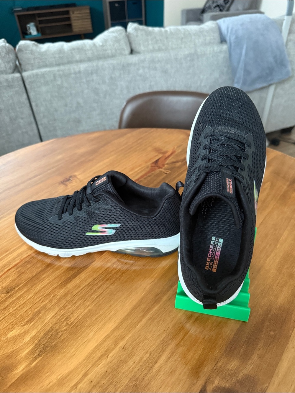 Skechers Black Mesh Sneakers with Green and Pink Logo Accents